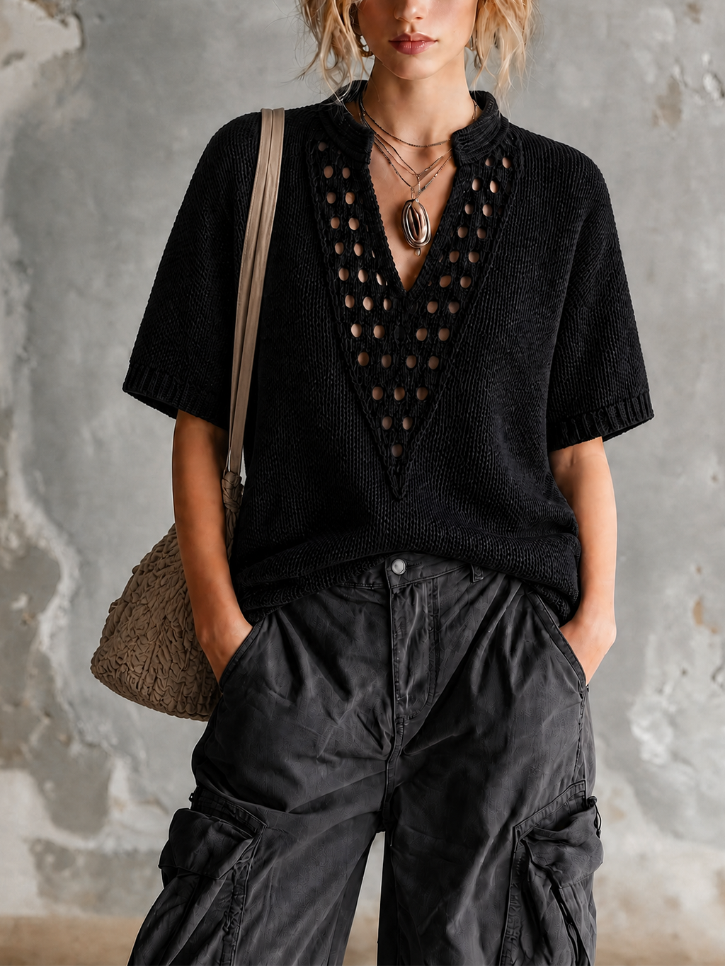Chic Casual Black Stand Collar V-Neck Hollow-Out Detail Short-Sleeve Loose-Fit Knit Sweater Top