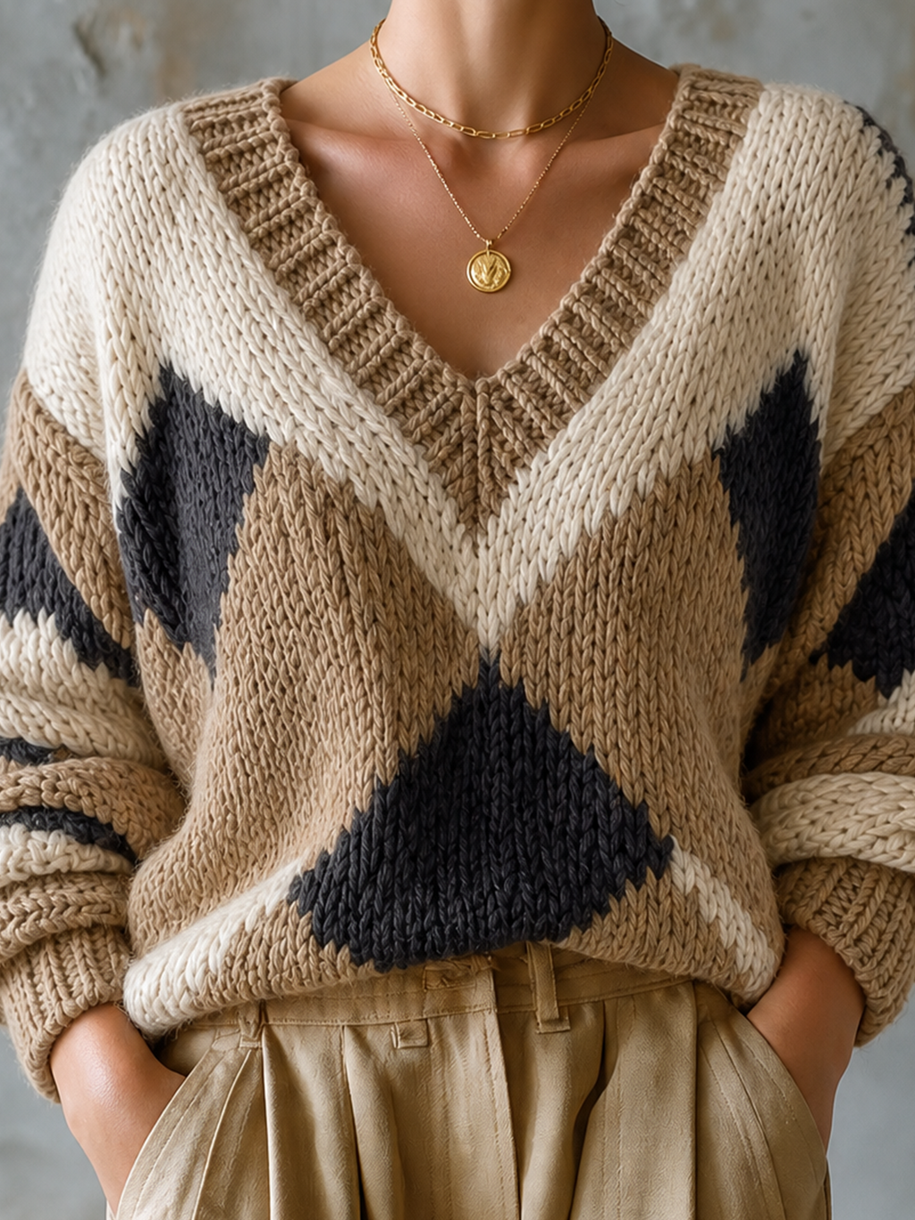 Chic Casual Off-White-Camel-Charcoal Colorblock Diamond Jacquard V-Neck Long Sleeve Loose-Fit Knit Sweater Top