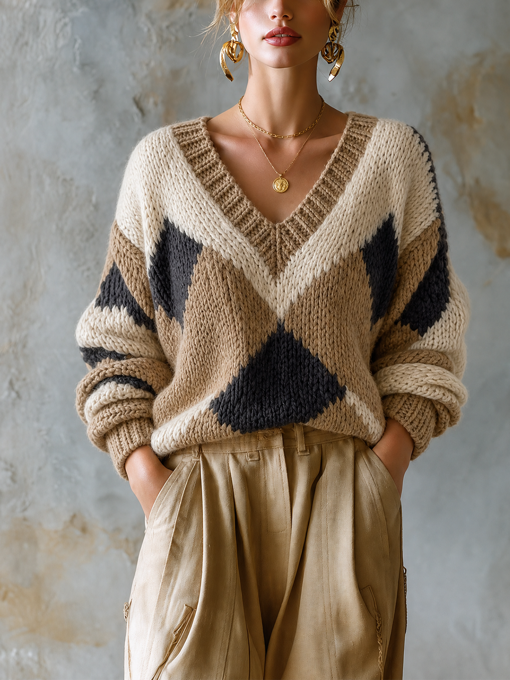 Chic Casual Off-White-Camel-Charcoal Colorblock Diamond Jacquard V-Neck Long Sleeve Loose-Fit Knit Sweater Top
