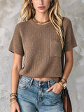 Chic Elegant Brown Cotton Blend Round-Neck Short-Sleeve Patch Pocket Loose-Fit Ribbed Knit Sweater Top