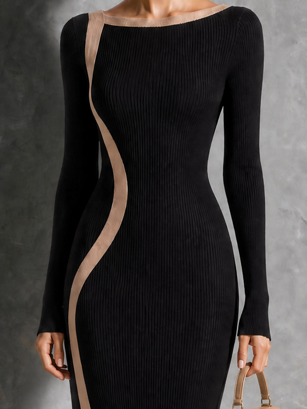 Chic Elegant Black Boat Neck Curved Contrast Trim Long Sleeve Slim-Fit Side Slit Ribbed Knit Midi Dress