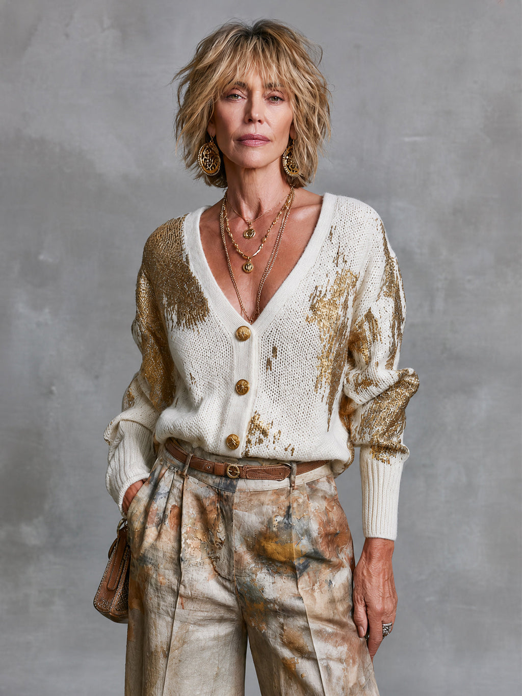 Chic White-Gold Color-Blocked  V-Neck Long Sleeved Single-Breasted Loose-Fit  Knit Cardigan Top