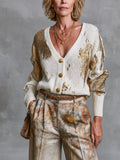 Chic White-Gold Color-Blocked  V-Neck Long Sleeved Single-Breasted Loose-Fit  Knit Cardigan Top