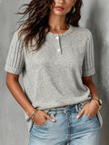 Chic Elegant Gray Cotton Blend Henley-Collar Short-Sleeve Loose-Fit Soft Ribbed Knit Sweater Top