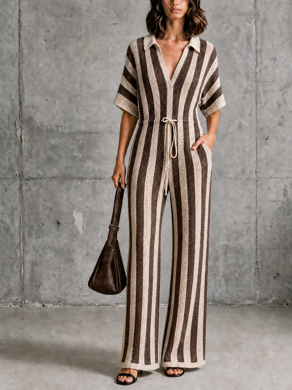 Chic Elegant Beige-Brown Stripe Lapel-Collar V-Neck Short-Sleeve Drawstring Waist Wide Leg Mesh Knit Jumpsuit