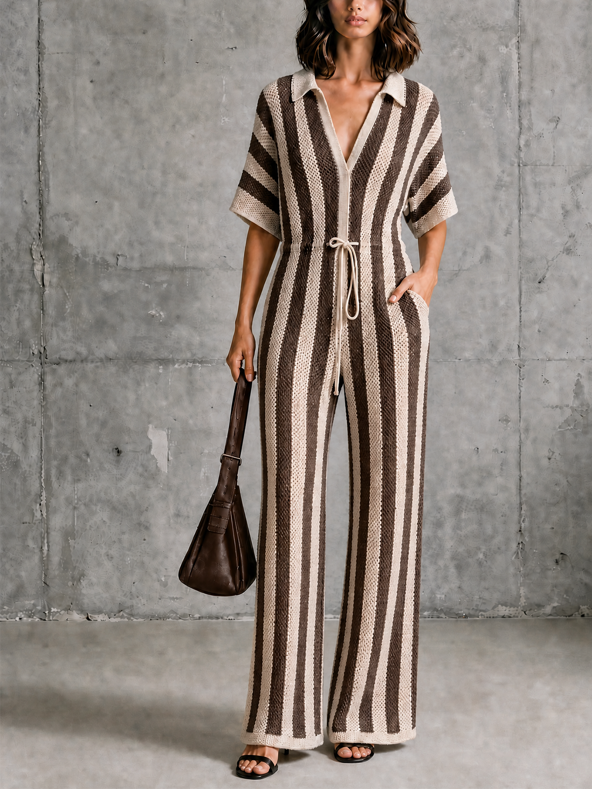 Chic Elegant Beige-Brown Stripe Lapel-Collar V-Neck Short-Sleeve Drawstring Waist Wide Leg Mesh Knit Jumpsuit
