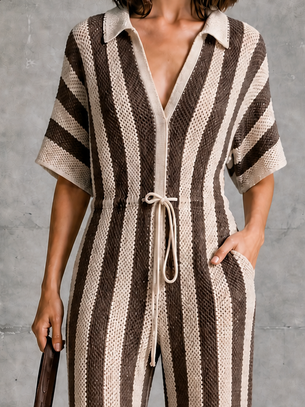 Chic Elegant Beige-Brown Stripe Lapel-Collar V-Neck Short-Sleeve Drawstring Waist Wide Leg Mesh Knit Jumpsuit