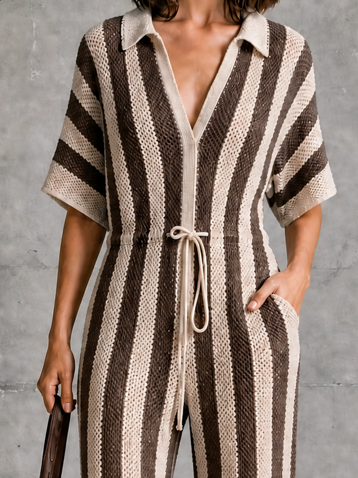 Chic Elegant Beige-Brown Stripe Lapel-Collar V-Neck Short-Sleeve Drawstring Waist Wide Leg Mesh Knit Jumpsuit