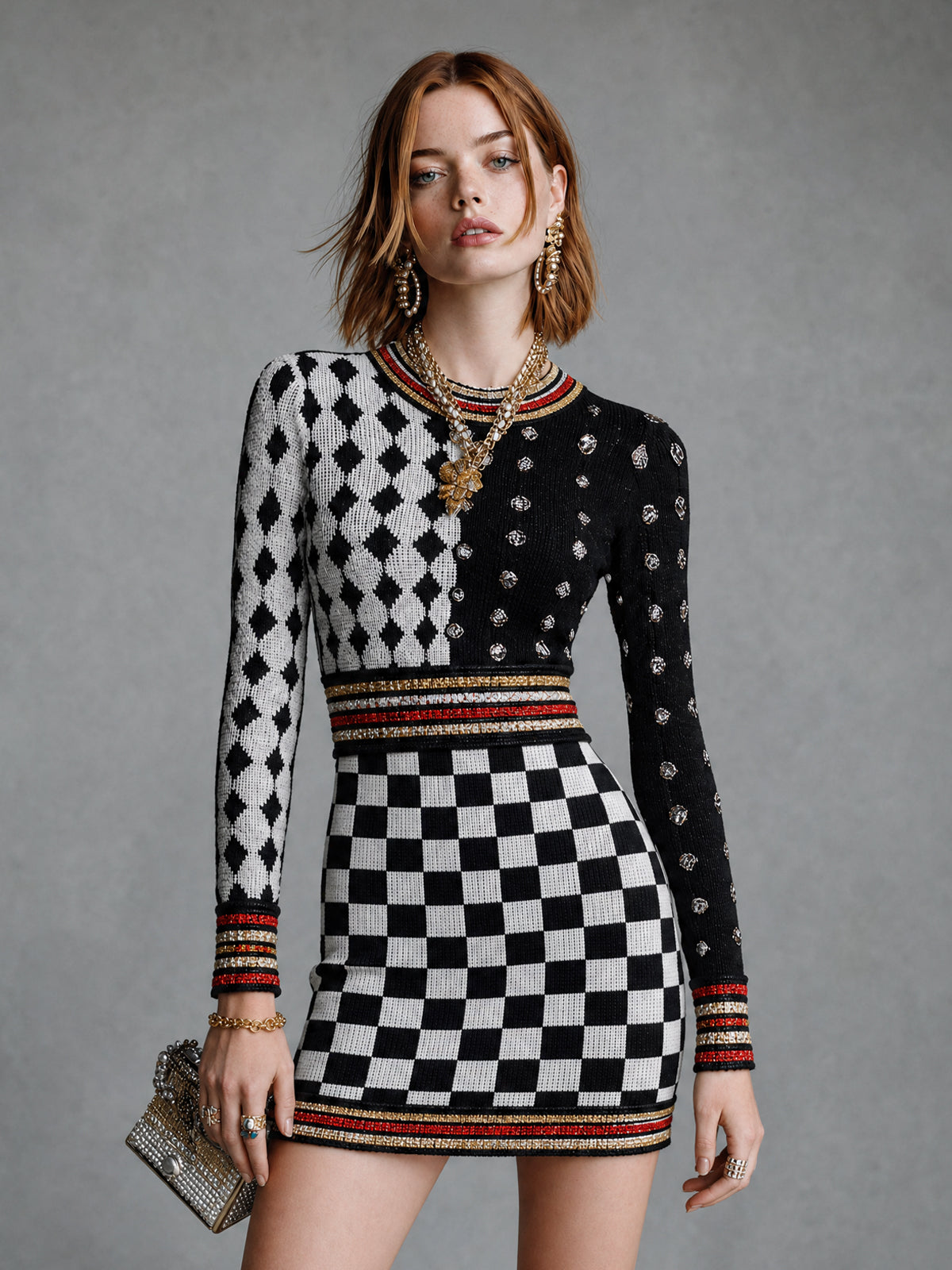 Chic Black Red-White Color-Blocked Stripes Plaid Rould-Neck Long-Sleeve Slim-Fit Knit Mini Knit Dress
