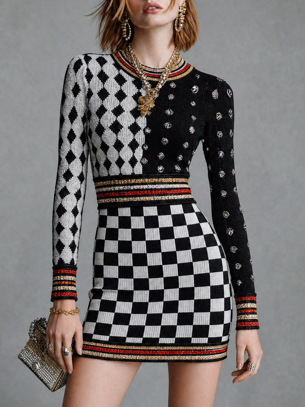 Chic Black Red-White Color-Blocked Stripes Plaid Rould-Neck Long-Sleeve Slim-Fit Knit Mini Knit Dress