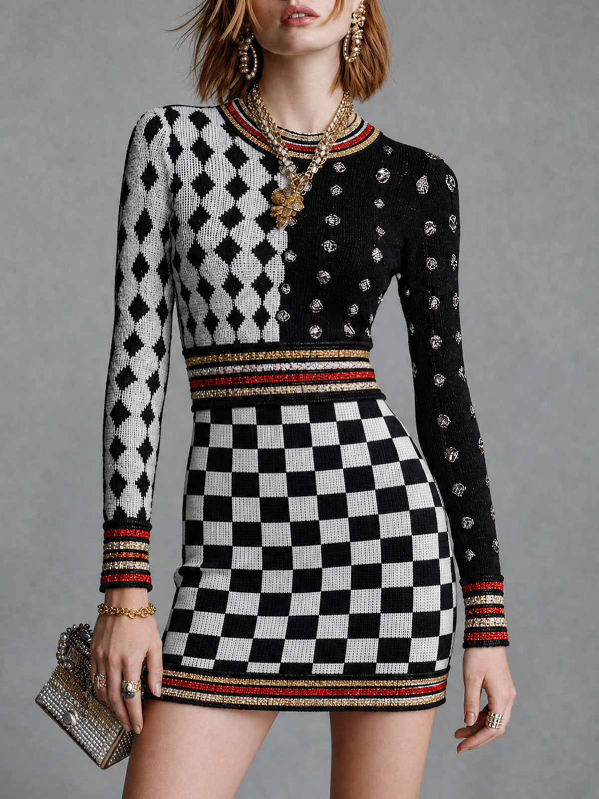 Chic Black Red-White Color-Blocked Stripes Plaid Rould-Neck Long-Sleeve Slim-Fit Knit Mini Knit Dress