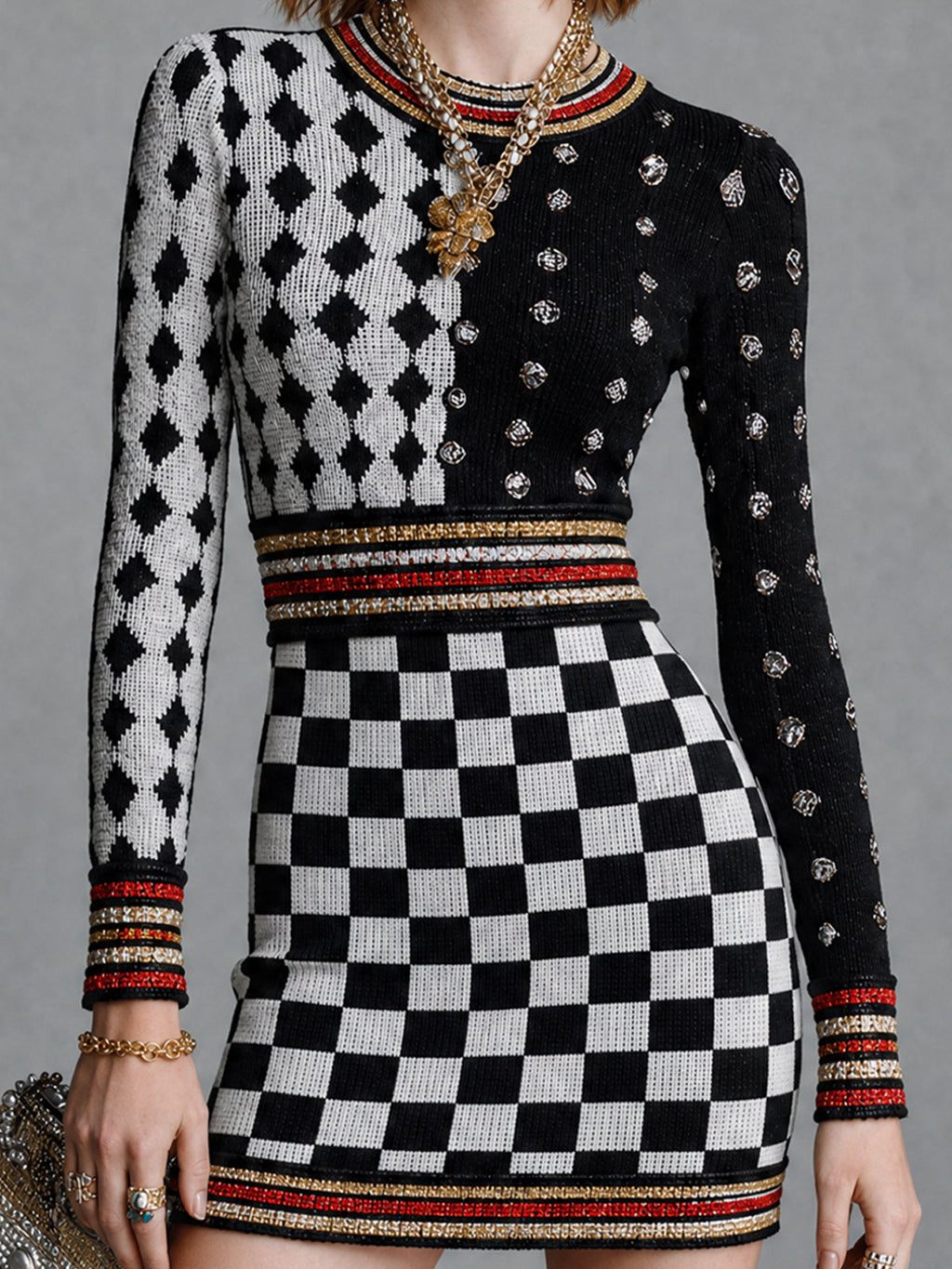 Chic Black Red-White Color-Blocked Stripes Plaid Rould-Neck Long-Sleeve Slim-Fit Knit Mini Knit Dress