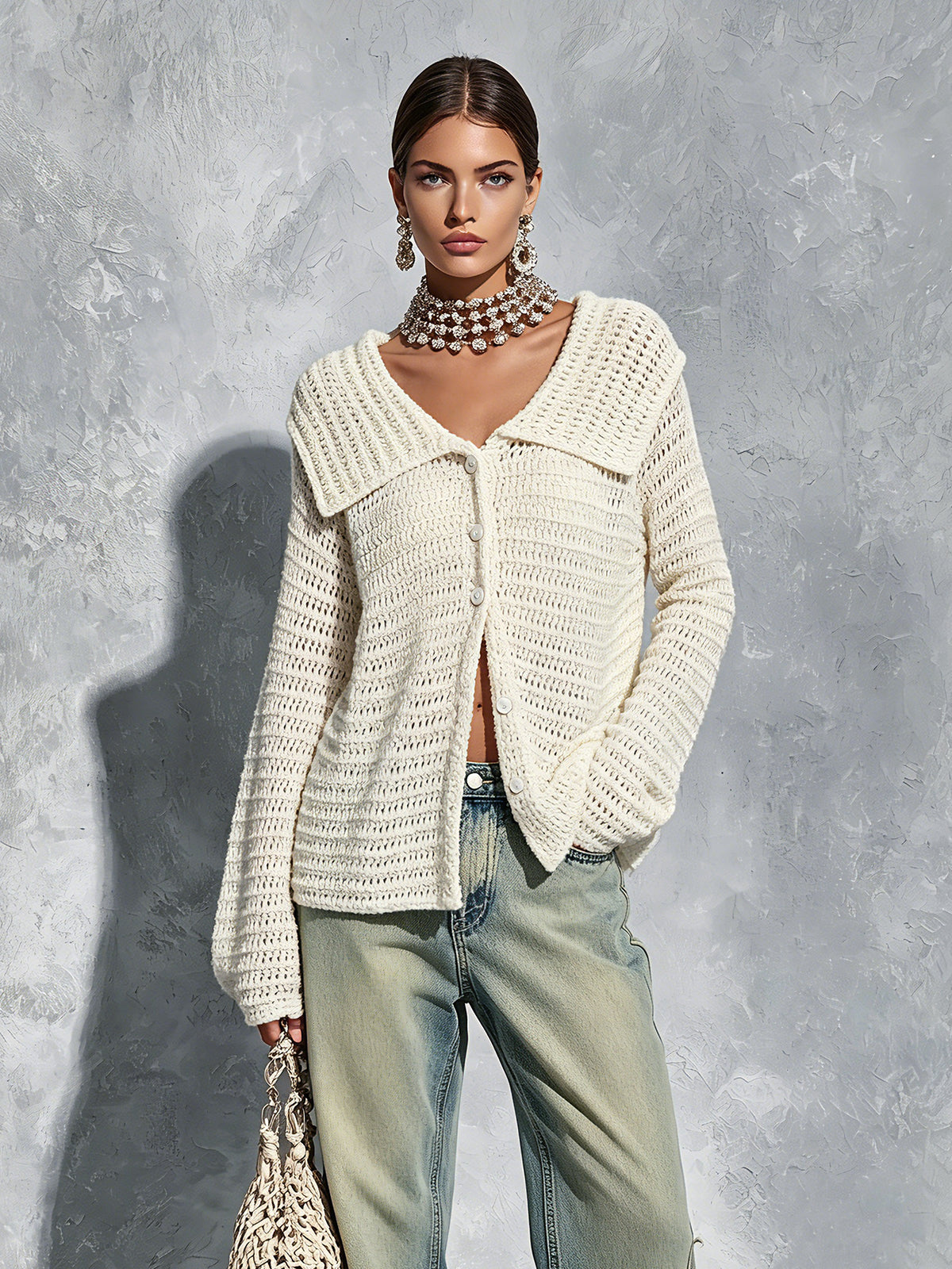 Chic Elegant Cream White Lapel-Collar Long-Sleeve Single-Breasted Loose-Fit Mesh Knit Cardigan