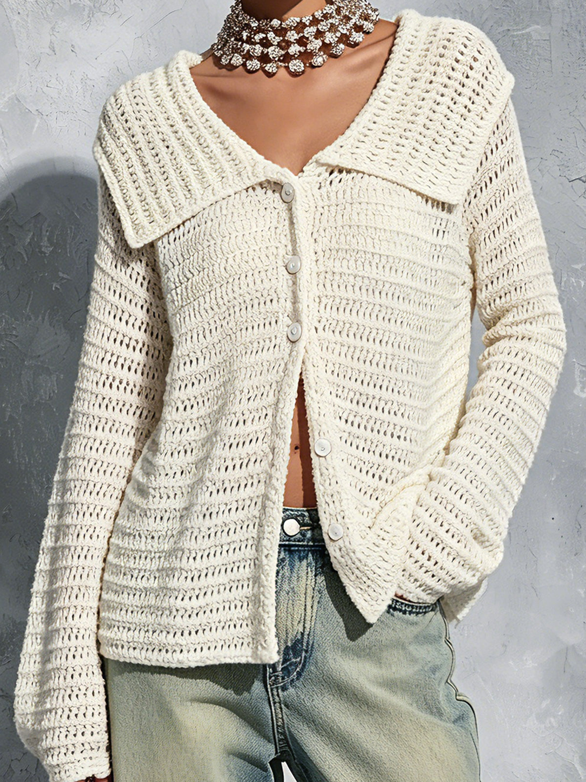 Chic Elegant Cream White Lapel-Collar Long-Sleeve Single-Breasted Loose-Fit Mesh Knit Cardigan