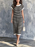 Chic Elegant Black-White Colorblock Stripes Round-Neck Dropped Shoulder Short-Sleeve Slim-Fit Knit Midi Dress