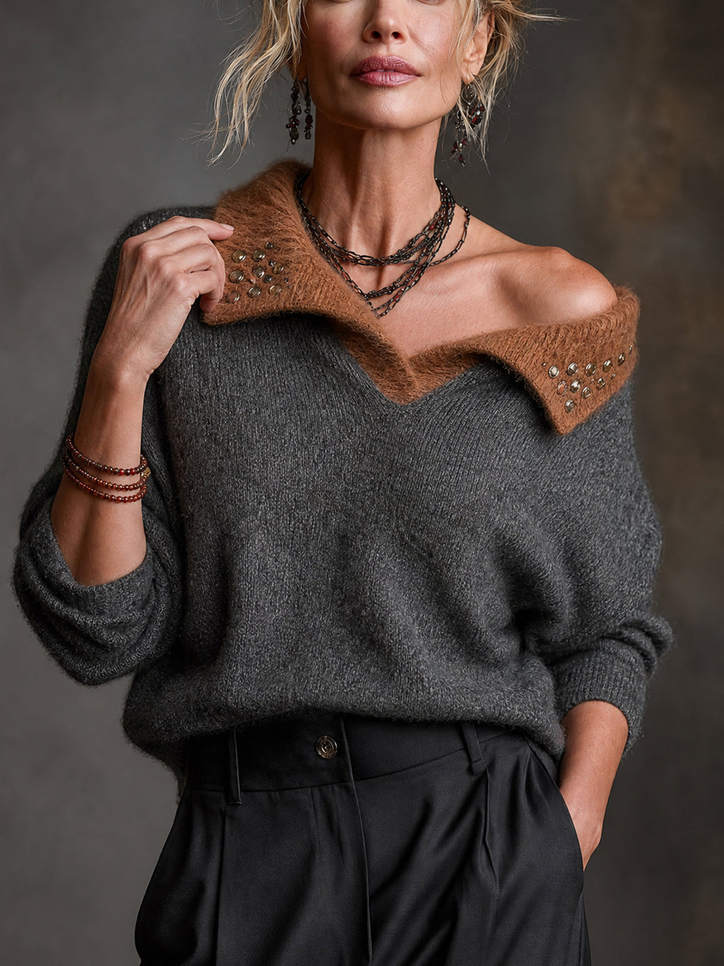 Chic Casual Dark Gray-Camel Colorblock Lapel Beading-Details Long Sleeve Loose-Fit Knit Sweater