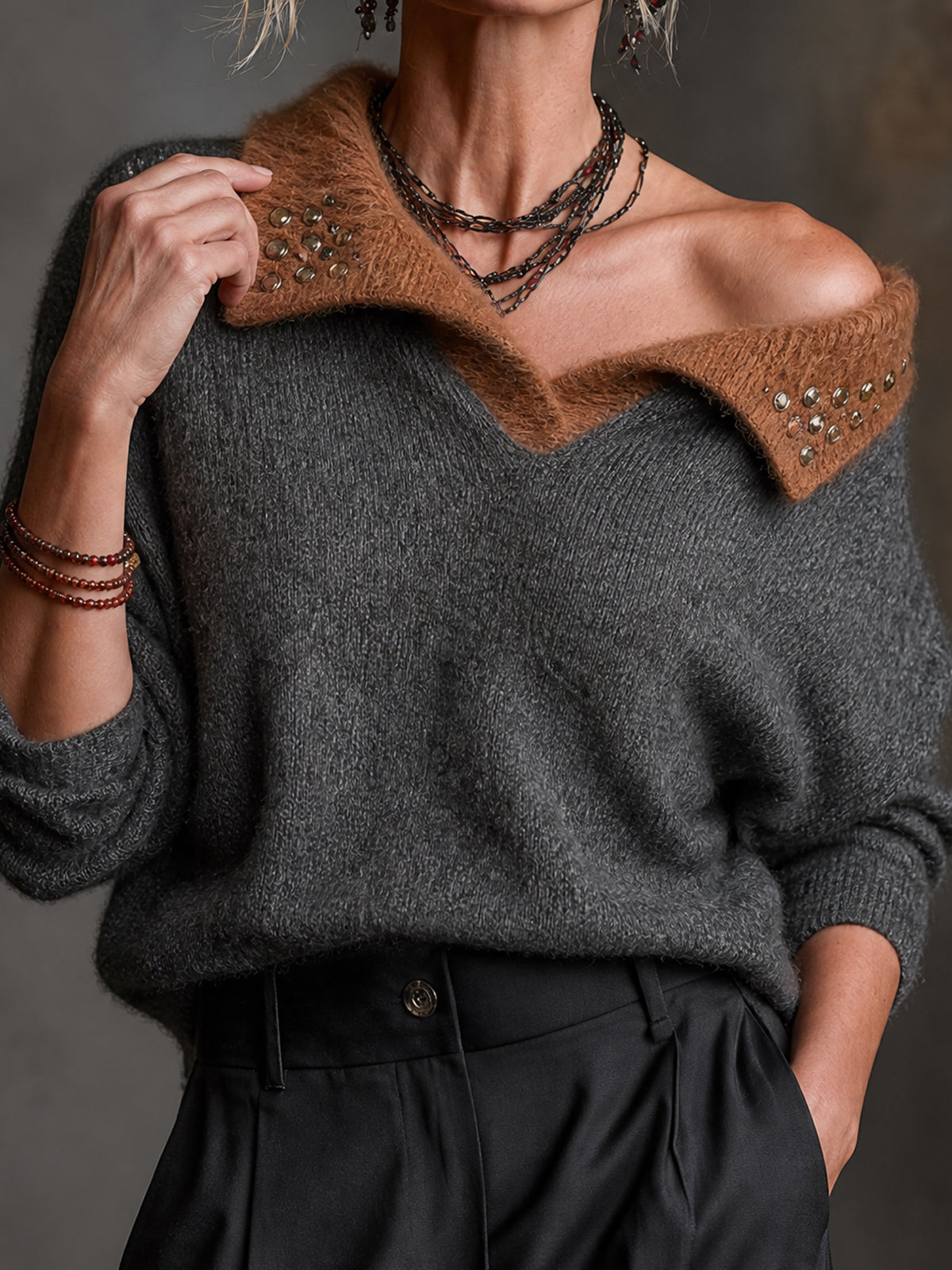 Chic Casual Dark Gray-Camel Colorblock Lapel Beading-Details Long Sleeve Loose-Fit Knit Sweater