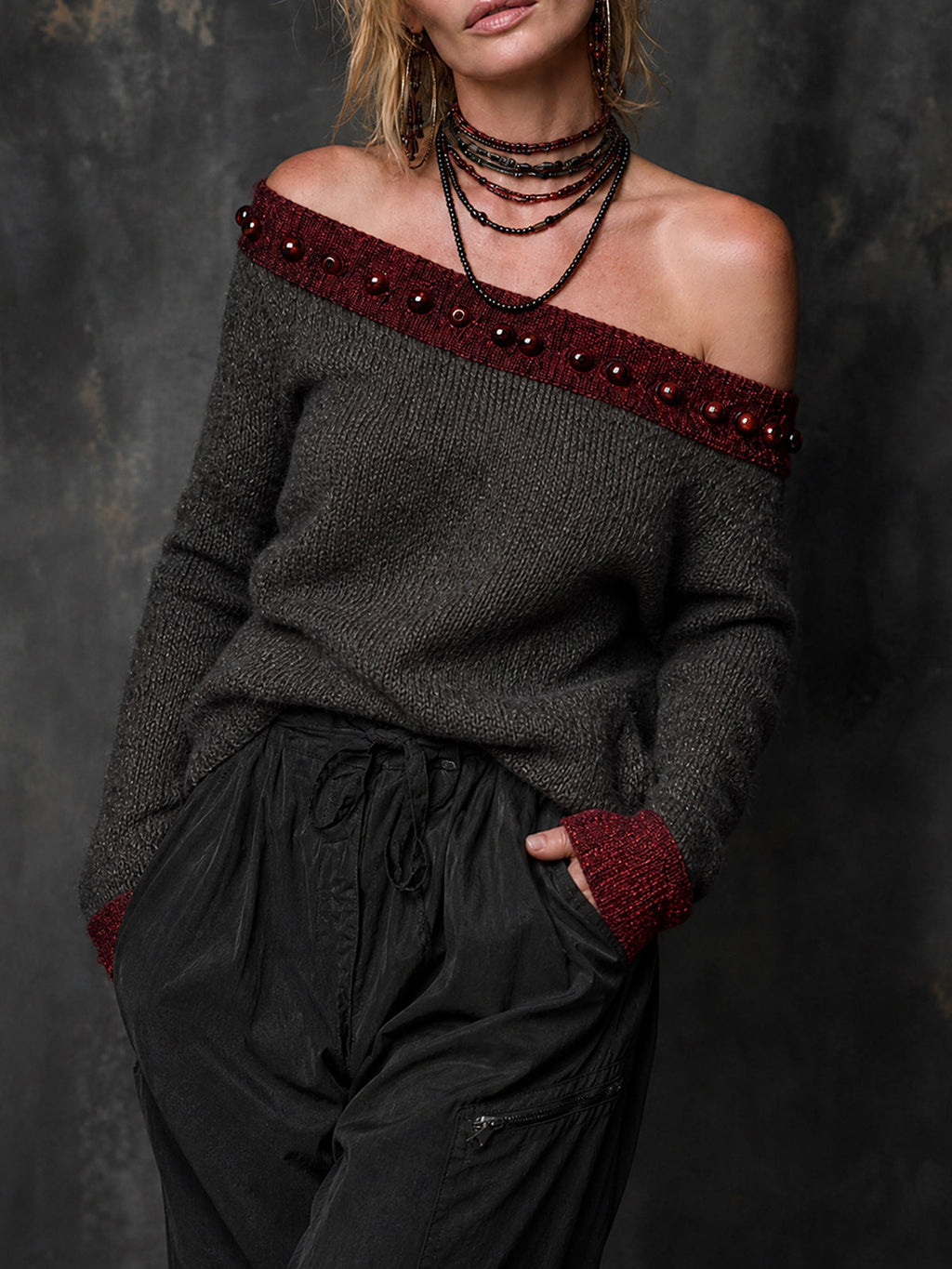Chic Casual Dark Gray-Claret Colorblock Off-Shouder Beading-Details Long Sleeve Regular Fit Knit Sweater Top