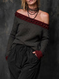 Chic Casual Dark Gray-Claret Colorblock Off-Shouder Beading-Details Long Sleeve Regular Fit Knit Sweater Top