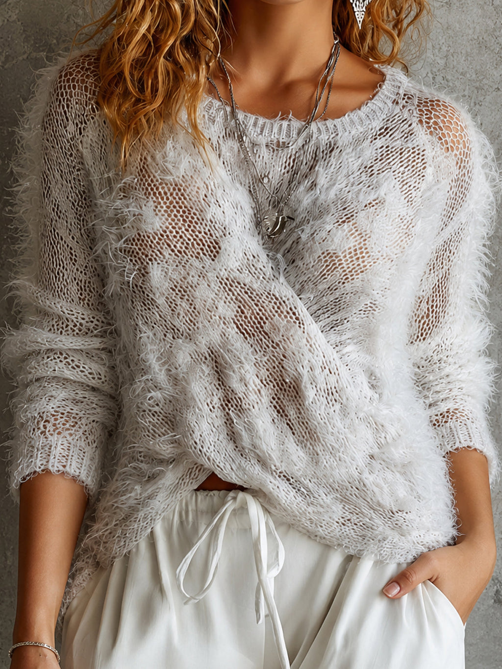 Chic White Rould-Neck Cross-Detail Long-Sleeve Loose-Fit Fuzzy Sweater Top