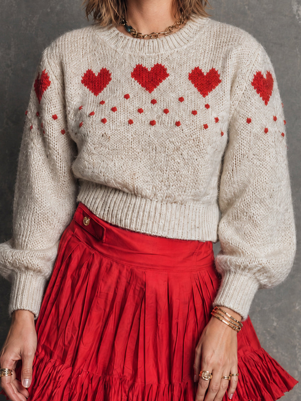 Chic Casual Off-White Round Neck Red Heart Jacquard Long Sleeve Puff Rugelur-Fit Knit Sweater Top