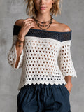 Chic White-Navy Blue Colorblock Off-Shoulder Three-Quarter Bell Sleeve Rugelur-Fit  Mesh Knit Sweater Top