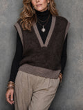 Chic Brown-Gray Brown Colorblock V-Neck Sleeveless Loose-Fit Knit Vest Top
