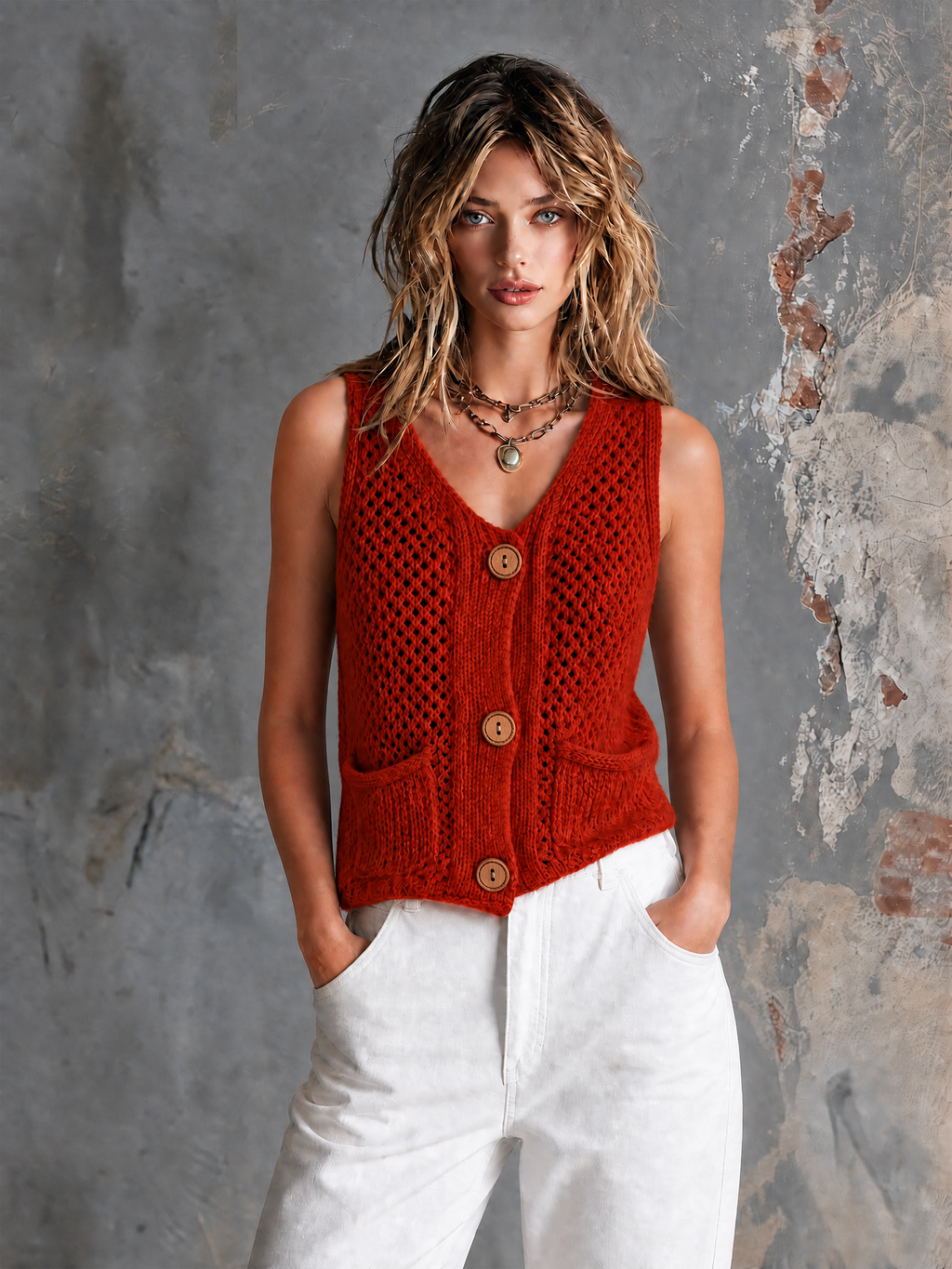 Chic Casual Red V-Neck Single-Breasted Patch Pockets Sleeveless Hollow-Out Knit Vest Top