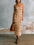 Chic Elegant Beige Spaghetti Straps U-Neck Contrast TrimArgyle Diamond Jacquard Sleeveless Slim-Fit Knit Midi Dress