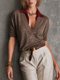 Chic Brown V-Neck Half Sleeve Loose-Fit Knit Sweater Top Shirt Excluded
