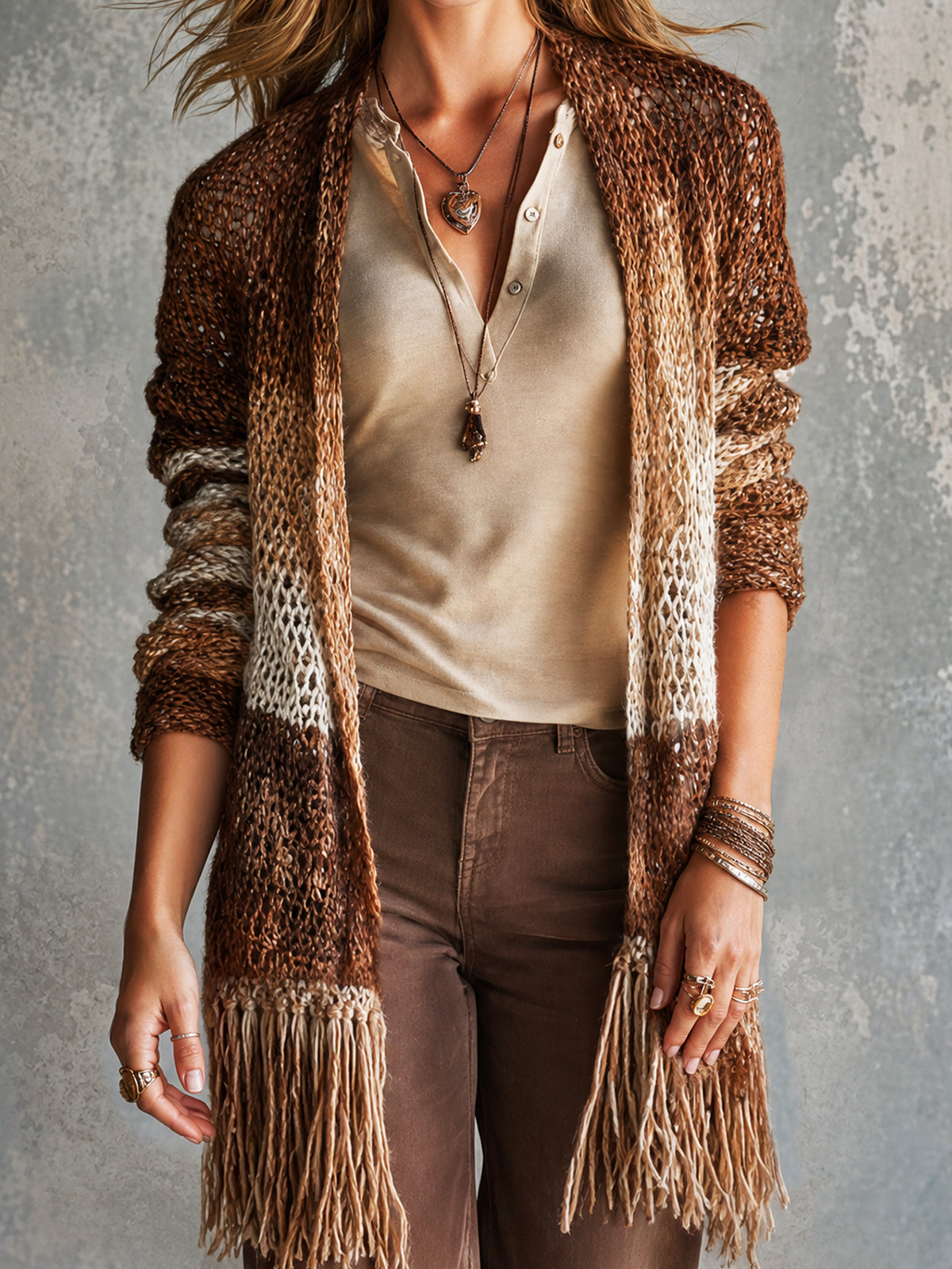 Chic Brown-Caramel Gradient Fringe Details Long Sleeved Loose-Fit Knit Cardigan