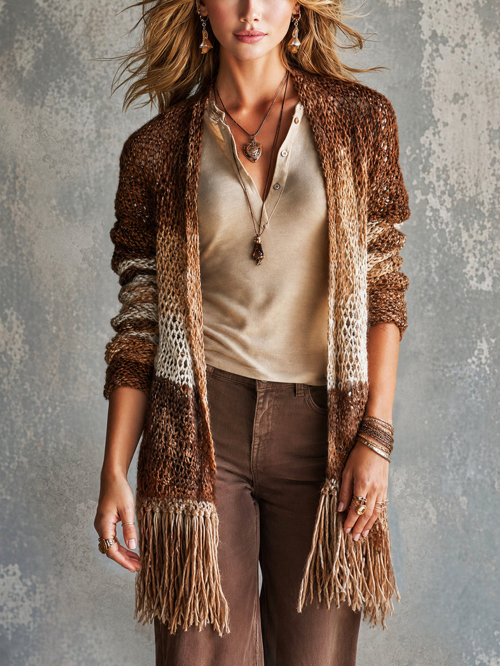 Chic Brown-Caramel Gradient Fringe Details Long Sleeved Loose-Fit Knit Cardigan
