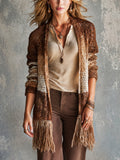 Chic Brown-Caramel Gradient Fringe Details Long Sleeved Loose-Fit Knit Cardigan