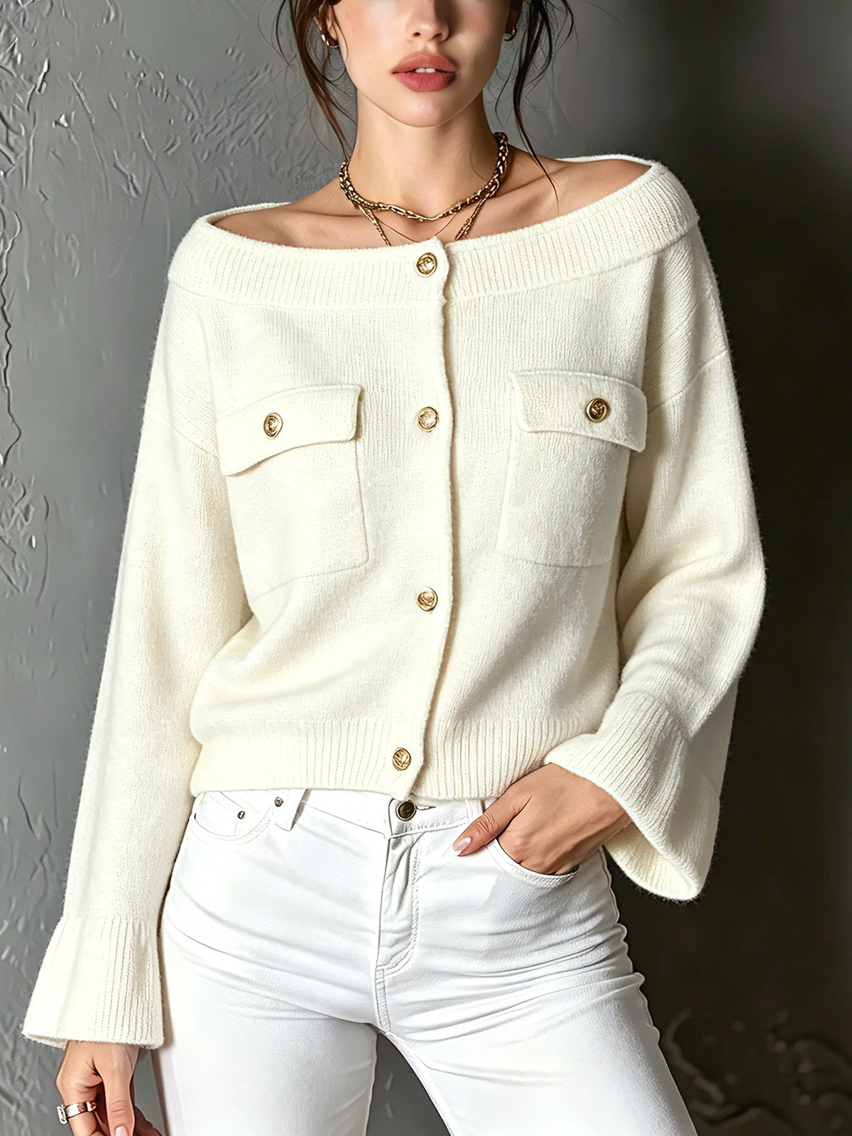 Chic Elegant Cream White Off-The-Shoulder Long-Flare-Sleeve Single-Breasted Flap Pockets Soft Ribbed Knit Cardigan