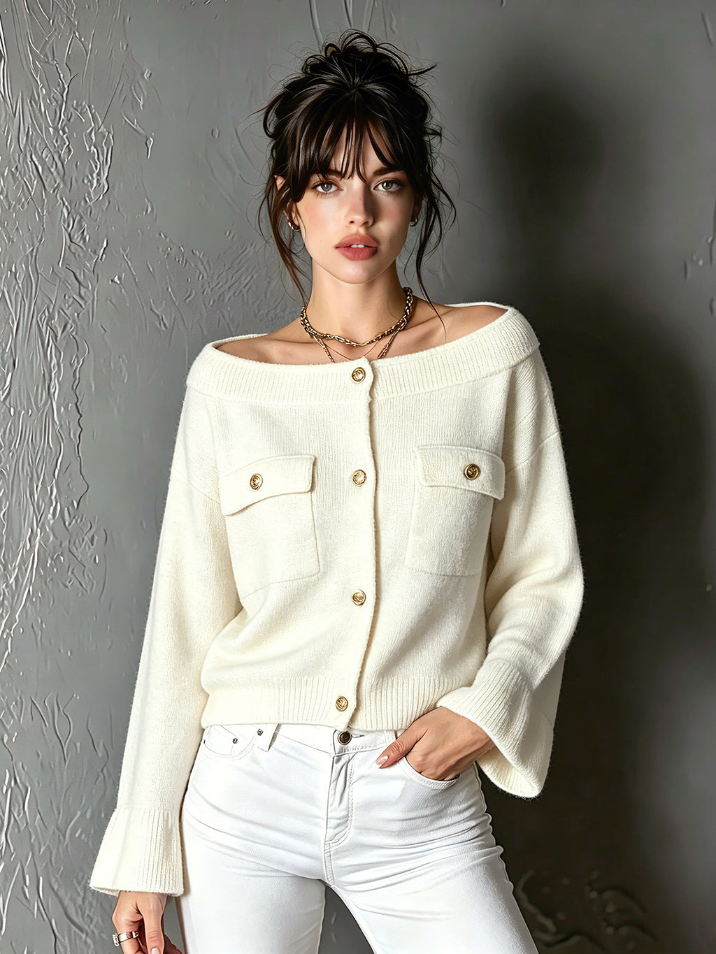 Chic Elegant Cream White Off-The-Shoulder Long-Flare-Sleeve Single-Breasted Flap Pockets Soft Ribbed Knit Cardigan