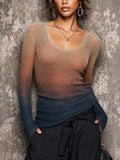 Chic Caramel-Deep Blue Round-Neck Gradient Long Sleeved Slim-Fit Knit Sweater Top