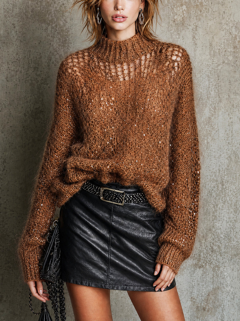 Chic Caramel Turtleneck Long Sleeved Loosen-Fit Knit Sweater Top