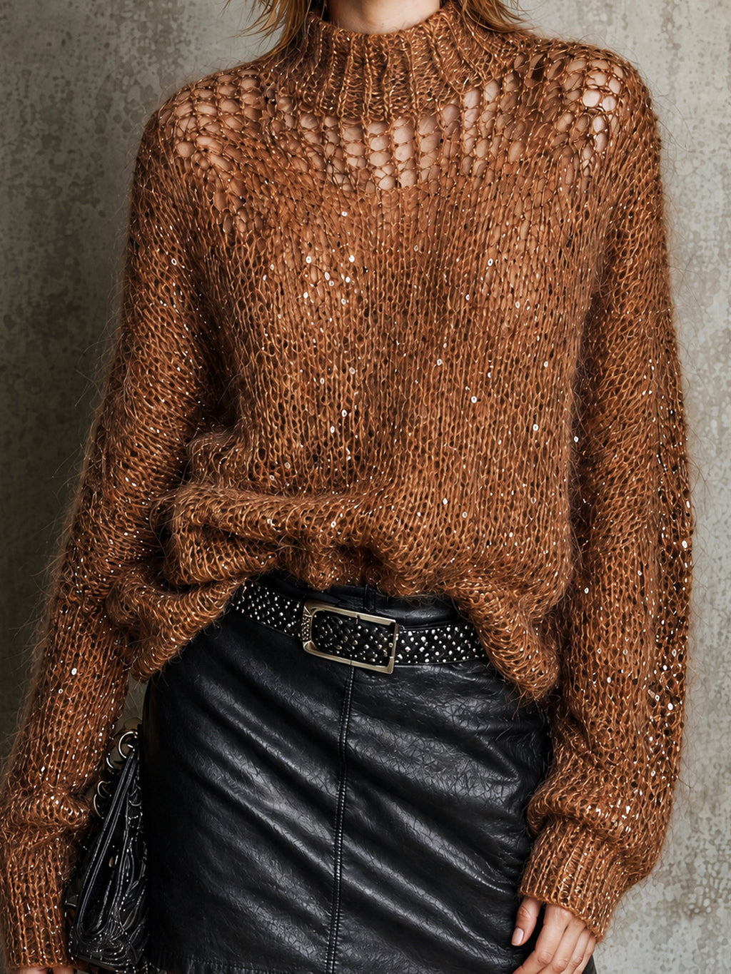 Chic Caramel Turtleneck Long Sleeved Loosen-Fit Knit Sweater Top