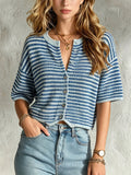 Chic Elegant Blue Stripes Round-Neck Dropped Shoulder Short-Sleeve Single-Breasted Knit Cropped Cardigan Top