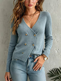 Chic Elegant Dusty Blue V-Neck Long-Sleeve Double-Breasted Loose-Fit Soft Knit Cardigan Top