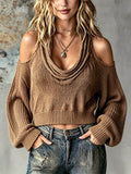 Chic Elegant Camel Cowl-Neck Long-Lantern-Sleeve Shoulder-Cutout Loose-Fit Soft Knit Cropped Sweater