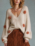Chic Oatmeal-Colored Orange Pom-Pom Details V-Neck Long-Puff-Sleeve Loose-Fit Knit Sweater Top