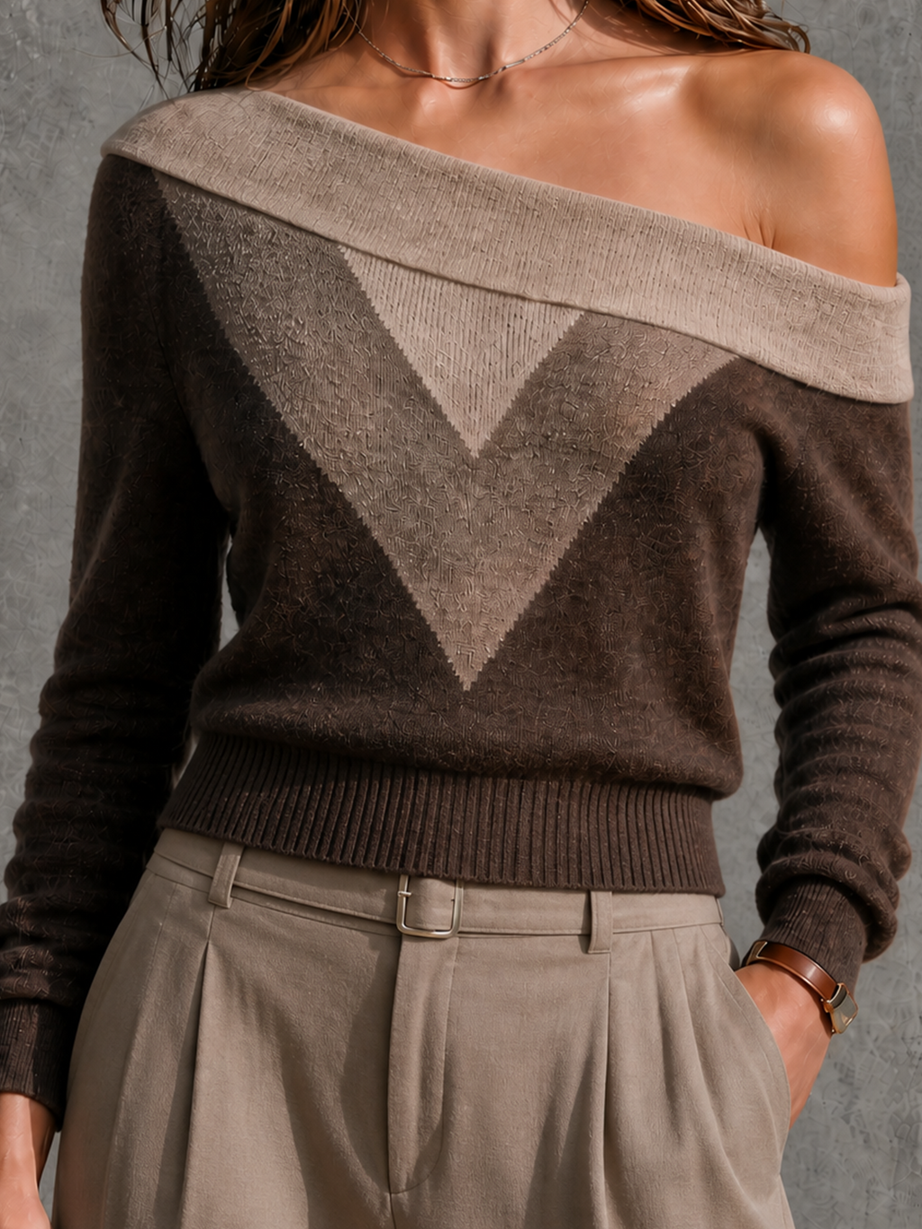 Chic Casual Beige-Camel-Brown Colorblock Off Shoulder Long Sleeve Slim-Fit Knit Sweater Top