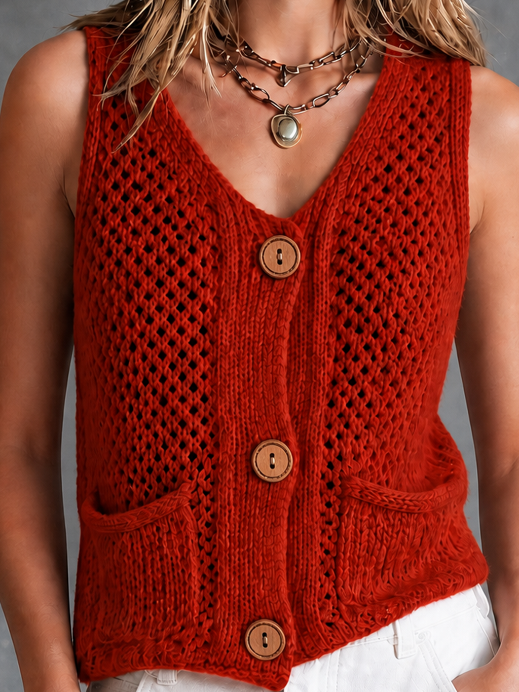 Chic Casual Red V-Neck Single-Breasted Patch Pockets Sleeveless Hollow-Out Knit Vest Top