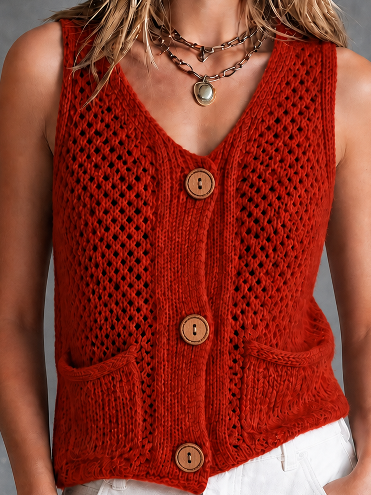 Chic Casual Red V-Neck Single-Breasted Patch Pockets Sleeveless Hollow-Out Knit Vest Top
