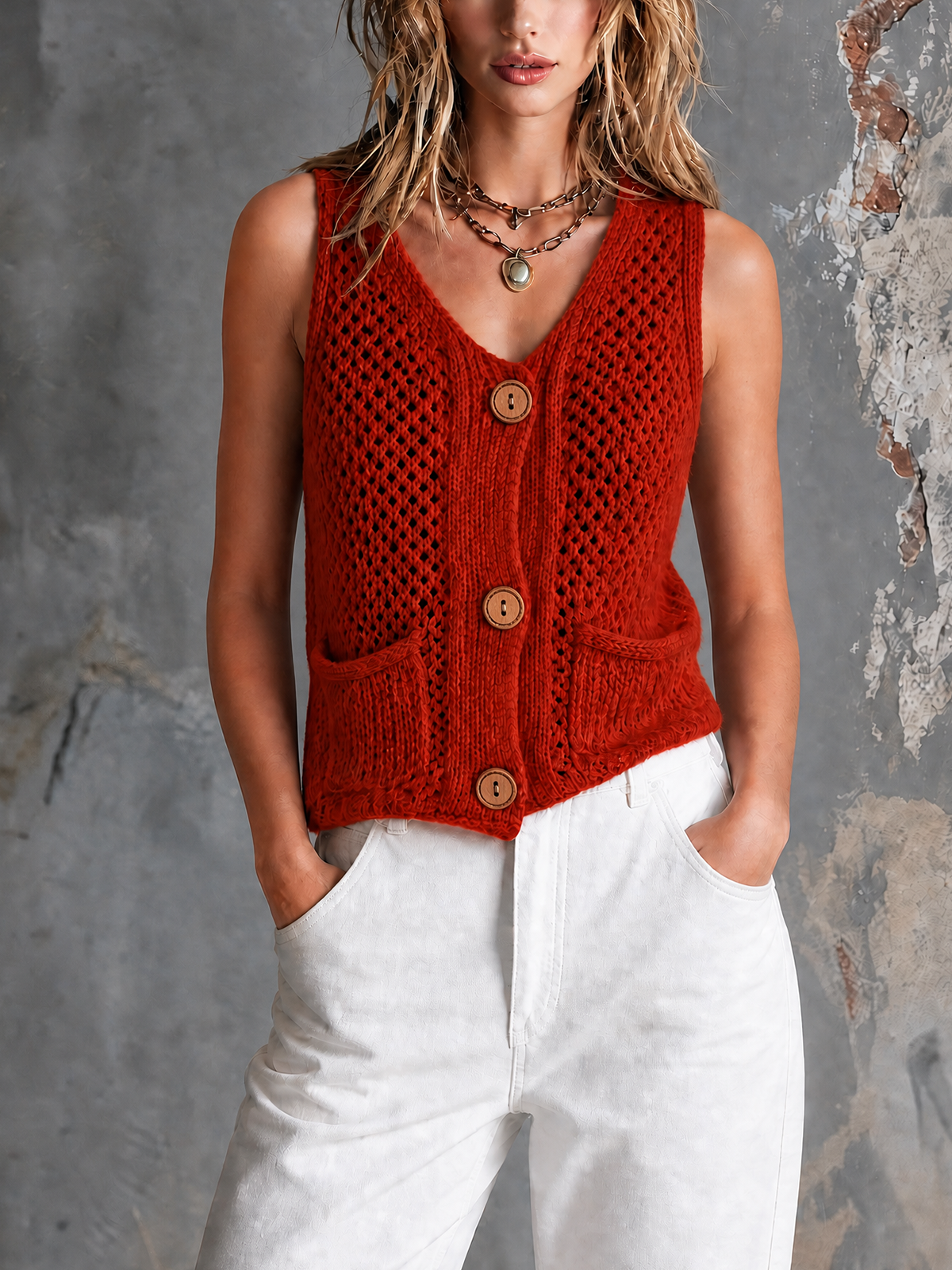 Chic Casual Red V-Neck Single-Breasted Patch Pockets Sleeveless Hollow-Out Knit Vest Top