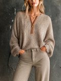 Chic Casual Beige Contrast Suede Half-Zipper Long Sleeve Loose-Fit Knit Sweater Top