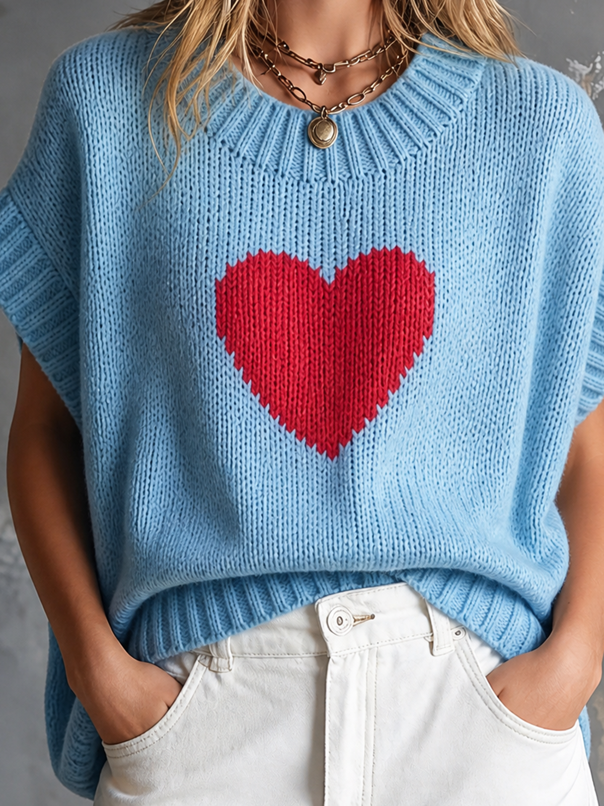 Chic Casual Light Blue Round-Neck Red Heart Jacquard Short-Sleeve Loose-Fit Knit Sweater Top