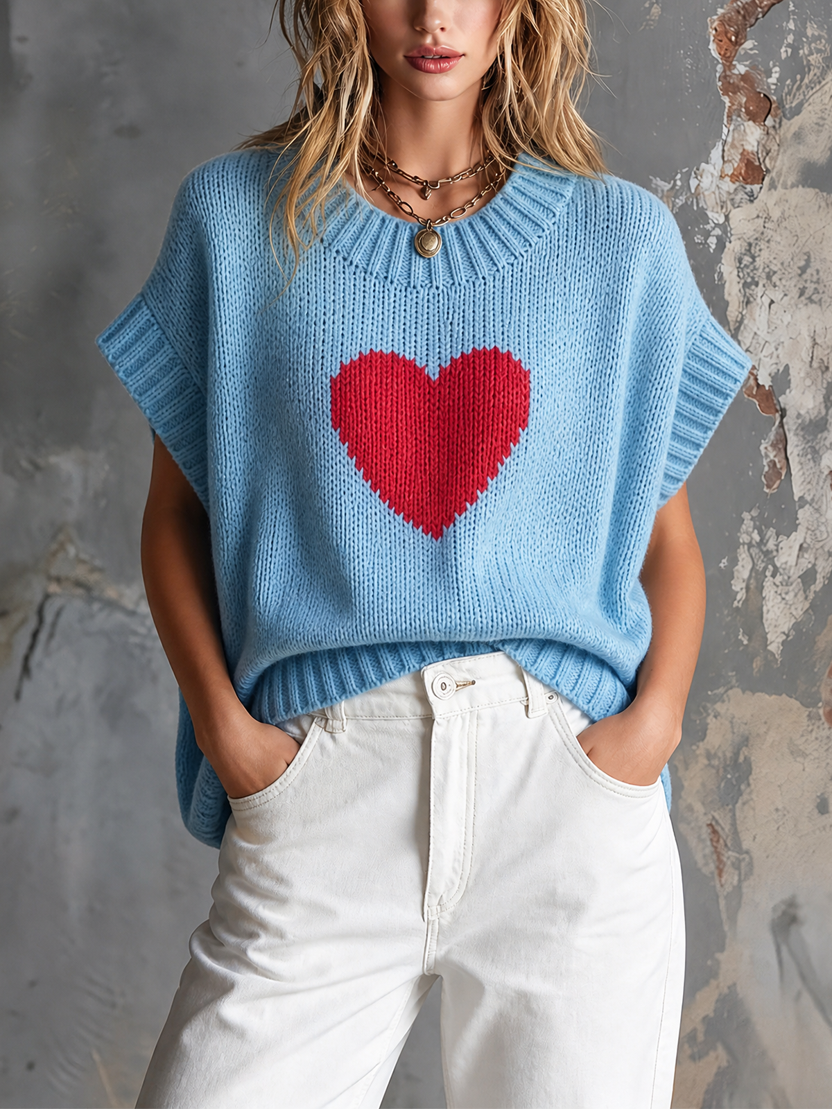 Chic Casual Light Blue Round-Neck Red Heart Jacquard Short-Sleeve Loose-Fit Knit Sweater Top
