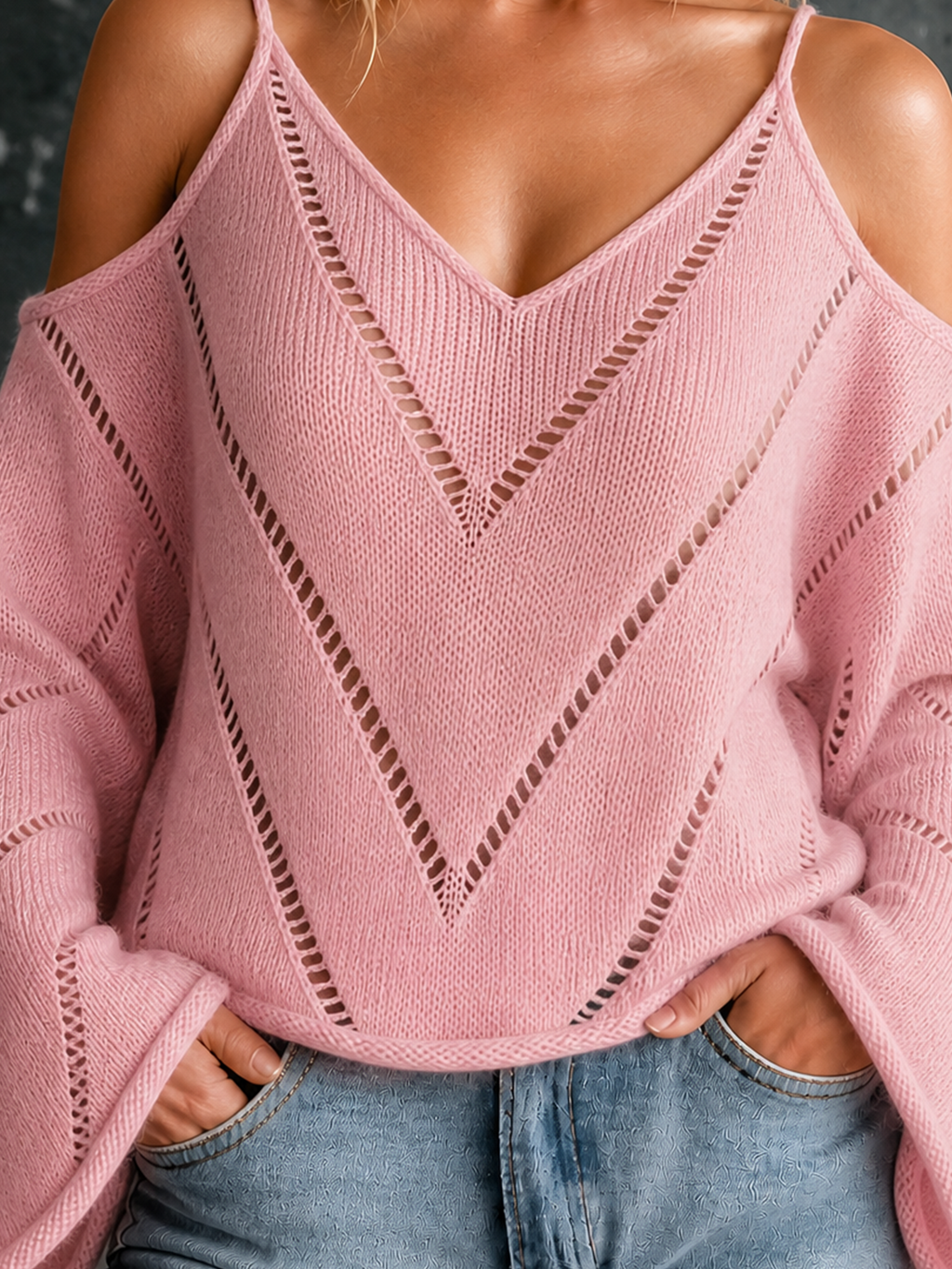 Chic Casual Pink Spaghetti Straps Cold Shoulder V Neck Hollow-Out Detail Long Bell Sleeves Loose-Fit Knit Sweater Top